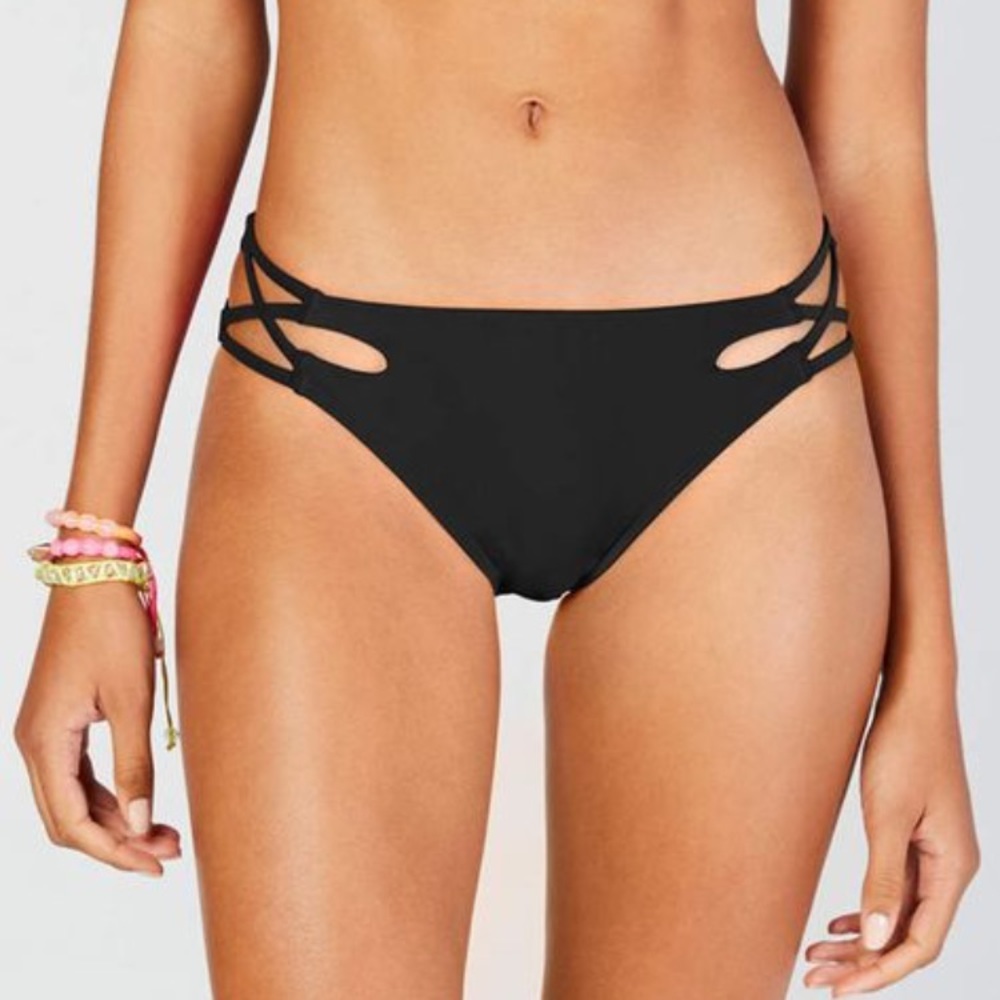 California Waves Strappy Hipster Black Bikini Bottoms